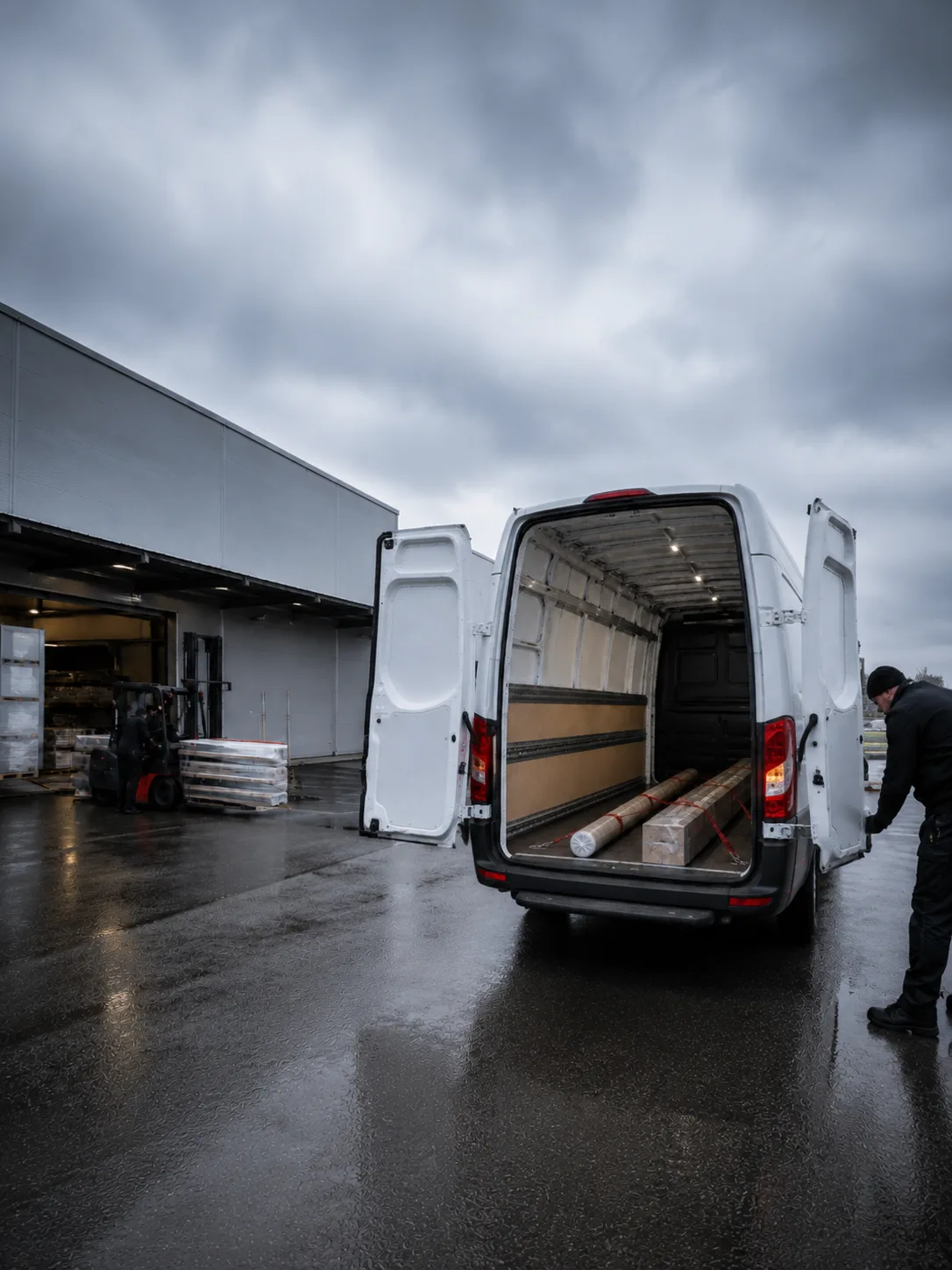 Lange Pakete werden in einen Mercedes Sprinter geladen